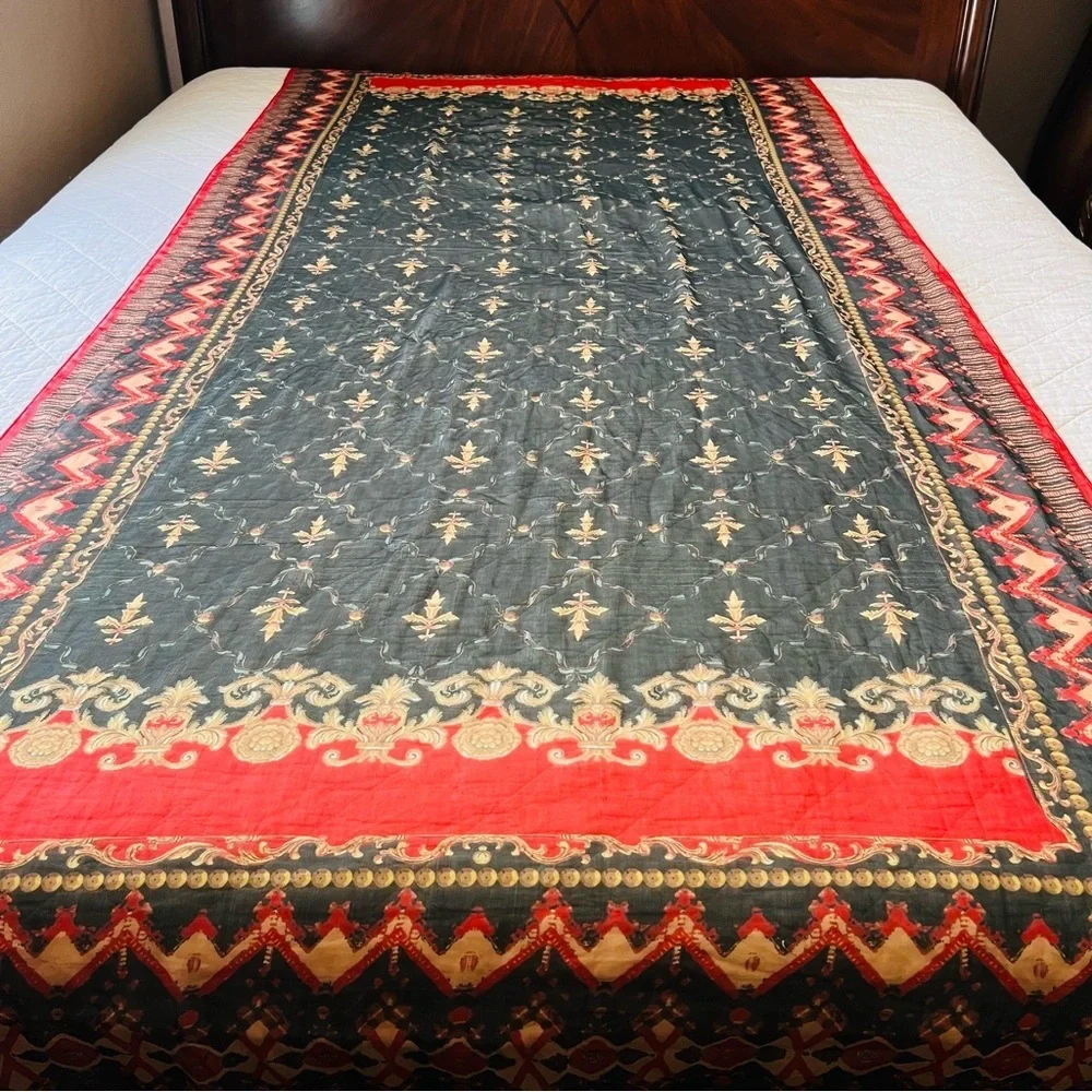 Vintage Sheer Wrap Scarf Sarong 95”x45” Black Red Gold Boho Floral